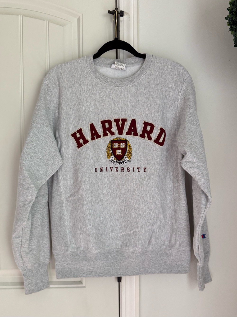 Champion Gray Crewneck Sweatshirt with Maroon Lettering and Gold Crest